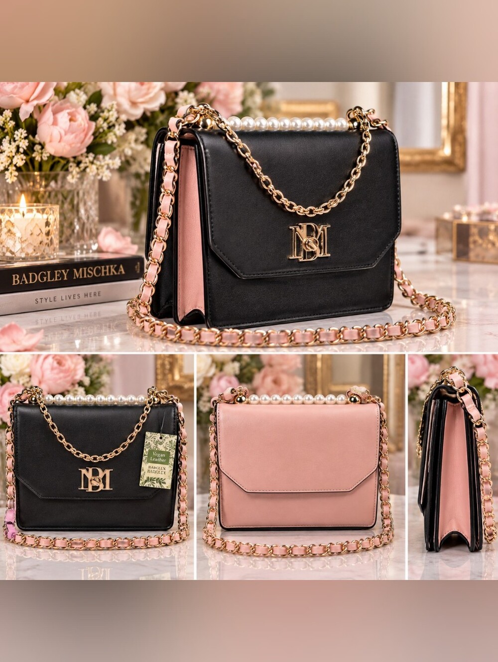 H-127 NWT Badgley Mischka Black & Blush Pink Vegan Leather Pearl Crossbody Bag